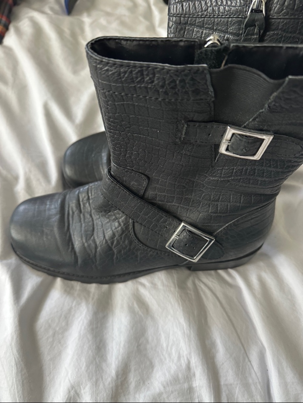 SoftWalk Black Croc-Embossed Buckle Mid-Calf Boots